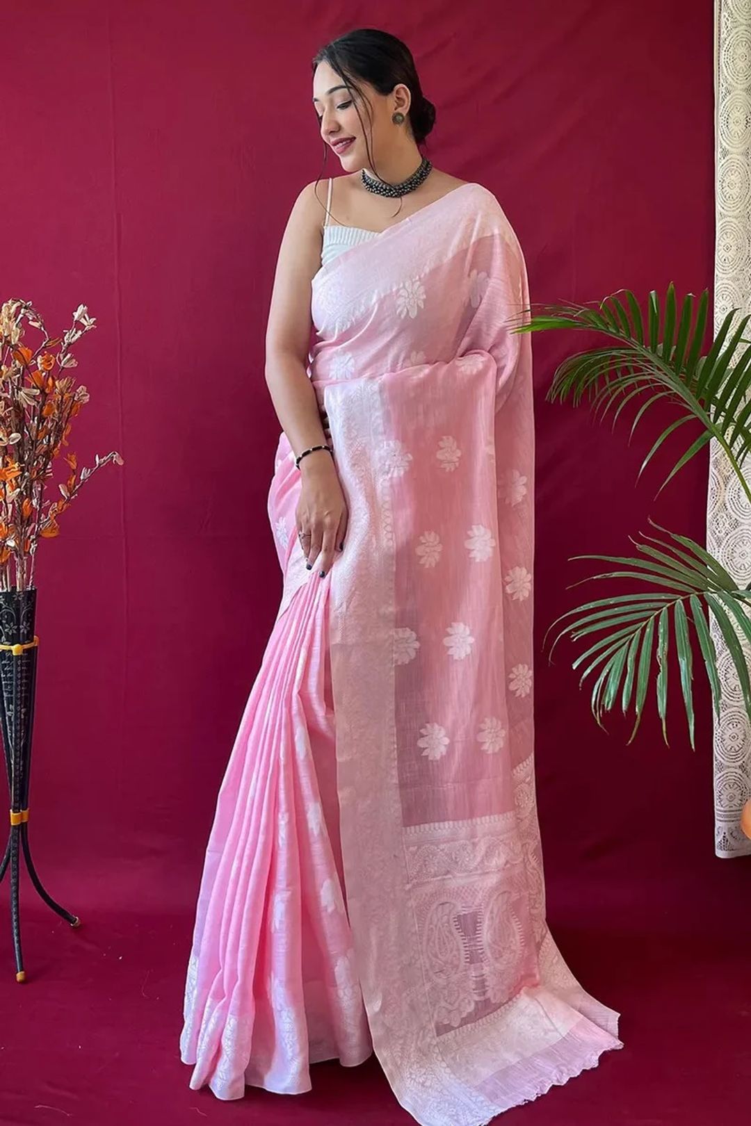 Blush Pink Silk Saree with Floral Zari Grace Weave