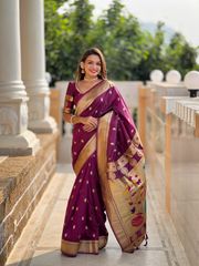 Wine Banarasi Silk Saree with Zari & Paithani Pallu - wine