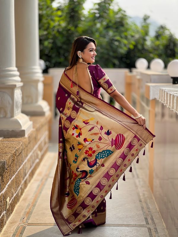 Wine Banarasi Silk Saree with Zari & Paithani Pallu