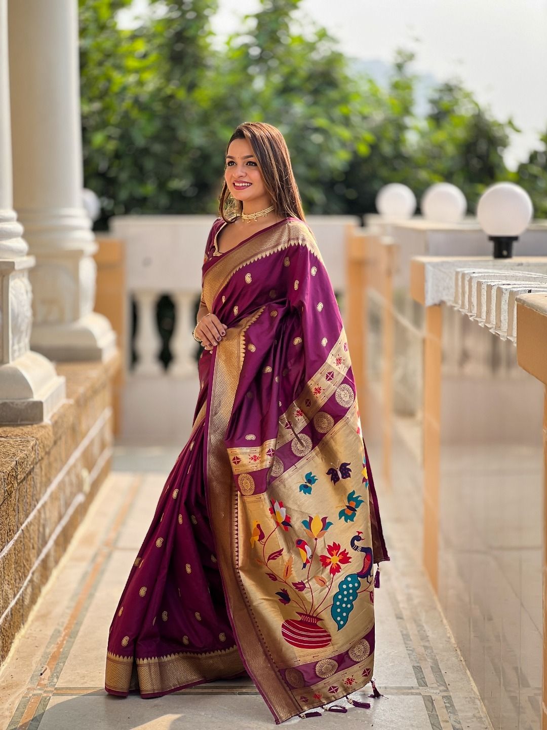 Wine Banarasi Silk Saree with Zari & Paithani Pallu