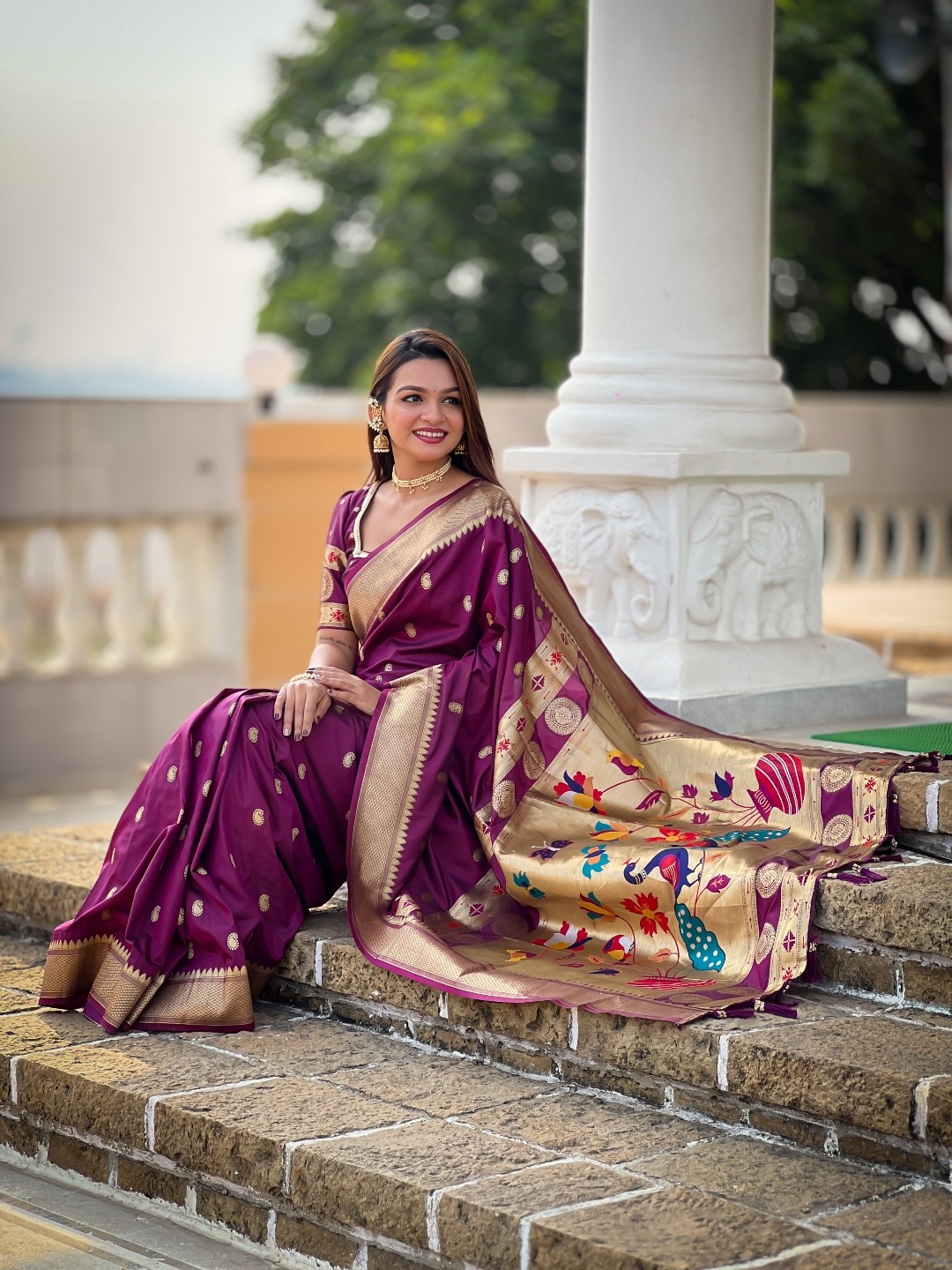 Wine Banarasi Silk Saree with Zari & Paithani Pallu