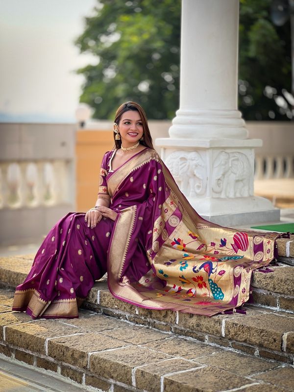 Wine Banarasi Silk Saree with Zari & Paithani Pallu