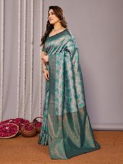 Teal Banarasi Silk Saree with Zari Floral Weaving - Teal