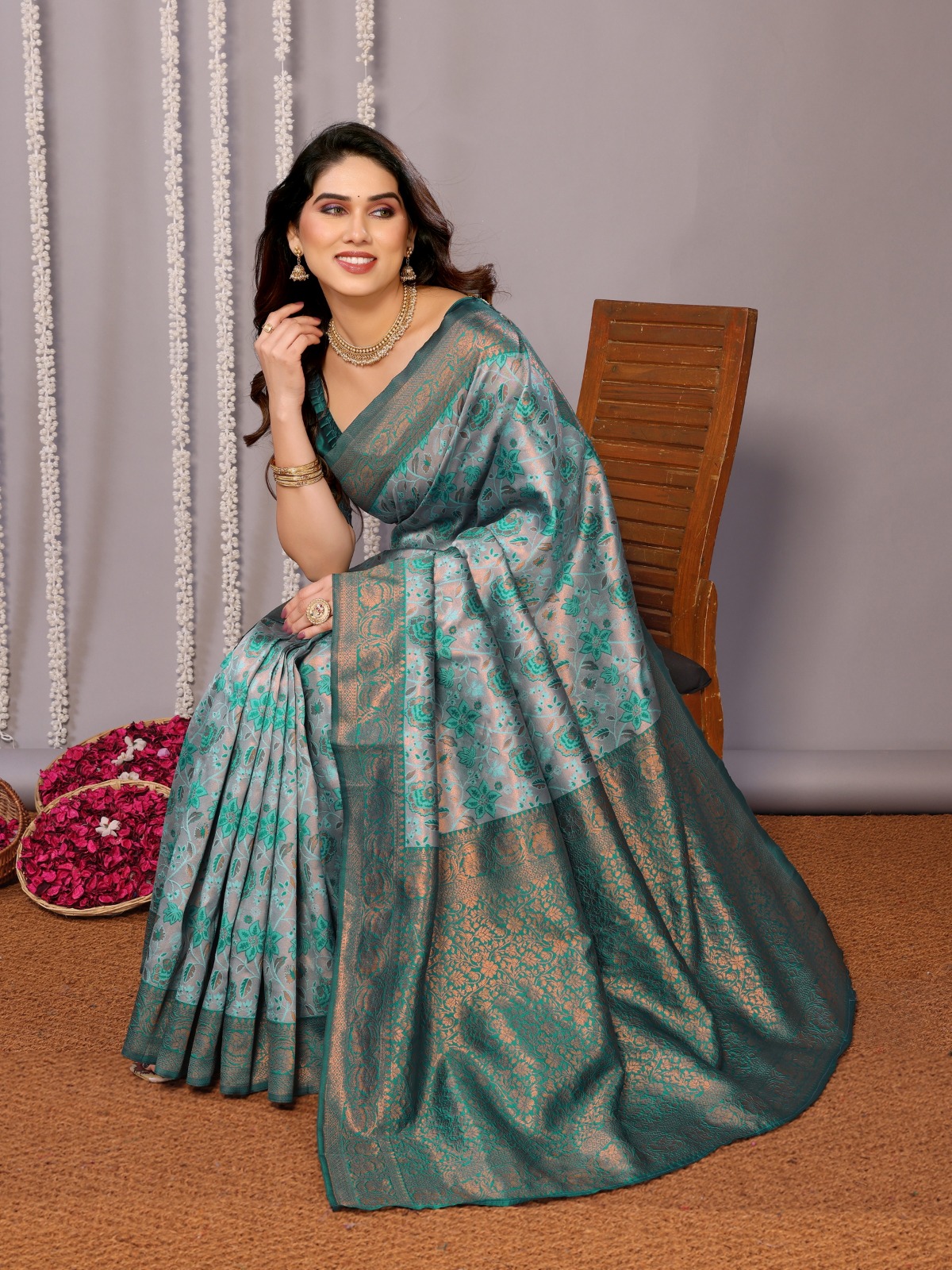 Teal Banarasi Silk Saree with Zari Floral Weaving