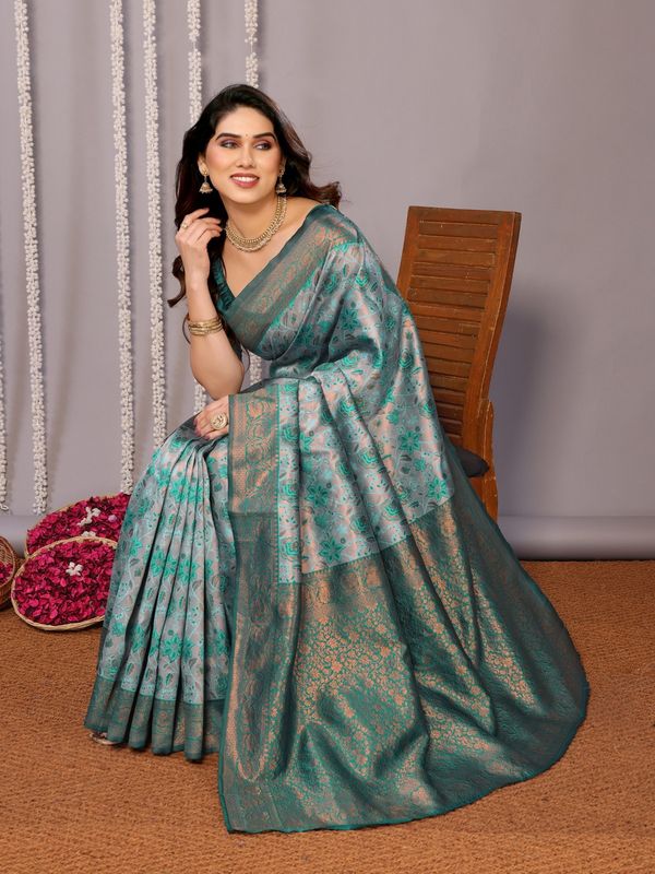 Teal Banarasi Silk Saree with Zari Floral Weaving