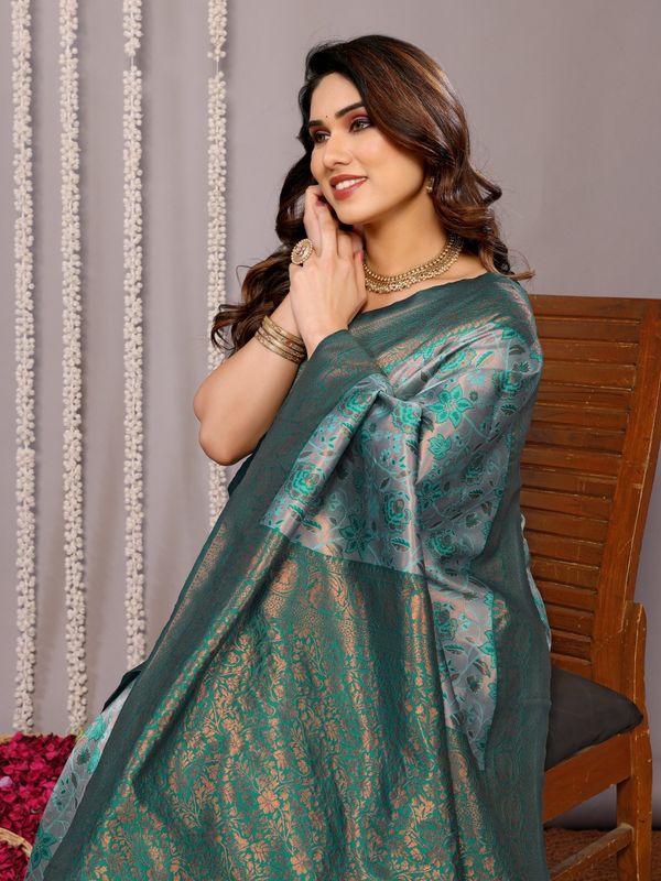 Teal Banarasi Silk Saree with Zari Floral Weaving