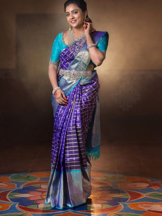 Elegant Purple Silk Saree with Zari Checks & Teal Contrast