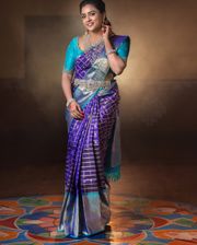 Elegant Purple Silk Saree with Zari Checks & Teal Contrast - Purple