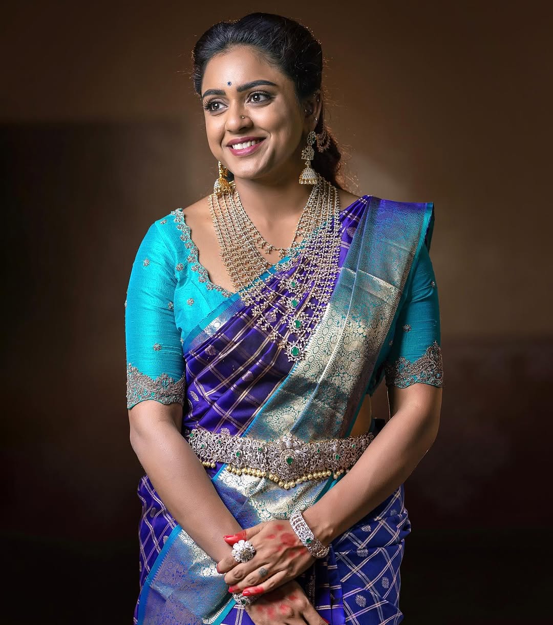 Elegant Purple Silk Saree with Zari Checks & Teal Contrast