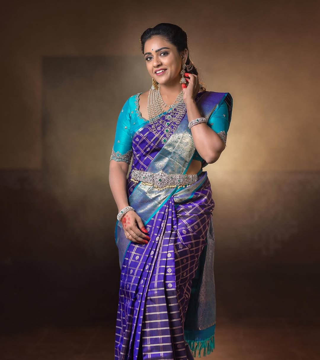 Elegant Purple Silk Saree with Zari Checks & Teal Contrast