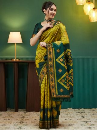 Royal Mustard Green Banarasi Silk Saree with Rich Zari Glow