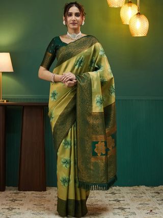 Olive Gold Banarasi Silk Saree with Rich Zari Bloom