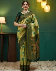 Olive Gold Banarasi Silk Saree with Rich Zari Bloom - Olive