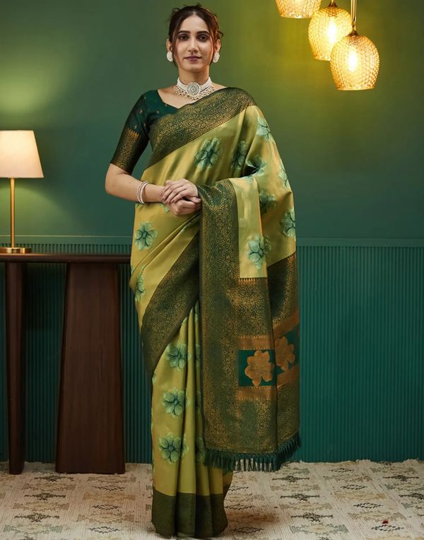 Olive Gold Banarasi Silk Saree With Rich Zari Bloom