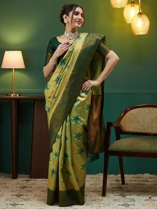 Olive Gold Banarasi Silk Saree with Rich Zari Bloom