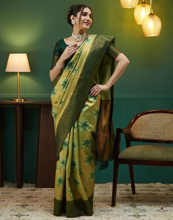 Olive Gold Banarasi Silk Saree With Rich Zari Bloom