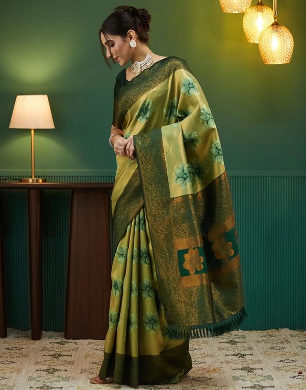 Olive Gold Banarasi Silk Saree with Rich Zari Bloom