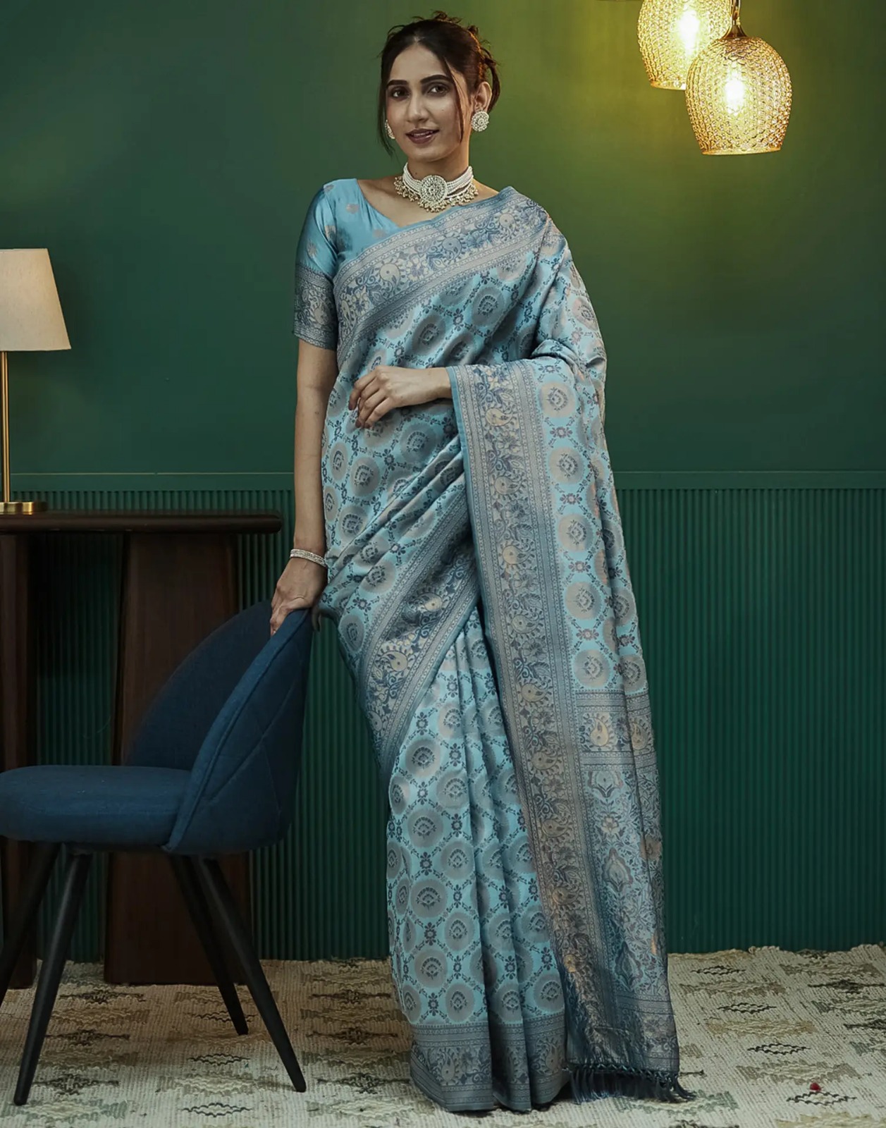 Sky Blue Banarasi Silk Saree with Elegant Zari Weave