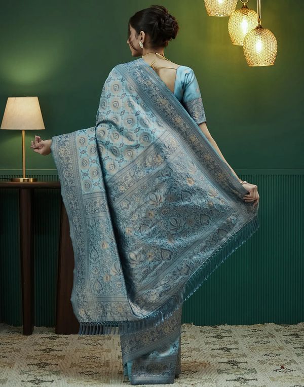 Sky Blue Banarasi Silk Saree with Elegant Zari Weave
