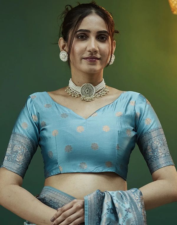 Sky Blue Banarasi Silk Saree with Elegant Zari Weave