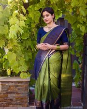 Classy Olive and  Navy Banarasi Silk Saree with Elegant Zari Look - Olive