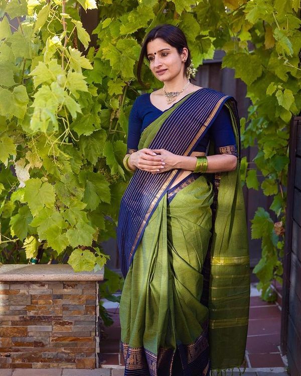 Classy Olive and  Navy Banarasi Silk Saree with Elegant Zari Look