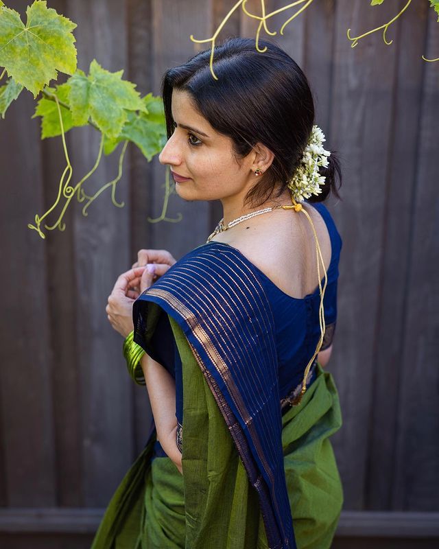 Classy Olive and  Navy Banarasi Silk Saree with Elegant Zari Look