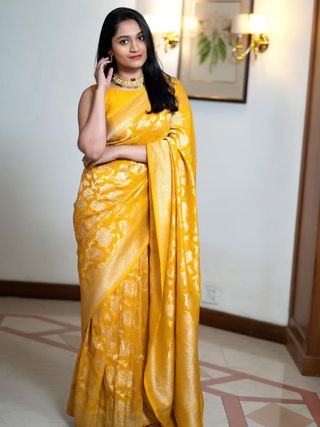 Sunshine Yellow Silk Saree with Traditional Zari Motifs
