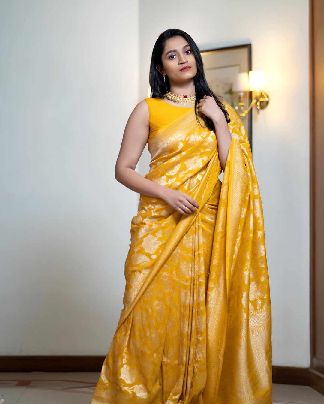 Sunshine Yellow Silk Saree with Traditional Zari Motifs
