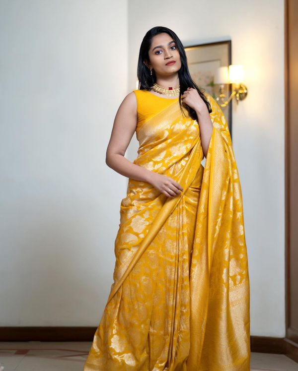 Sunshine Yellow Silk Saree with Traditional Zari Motifs