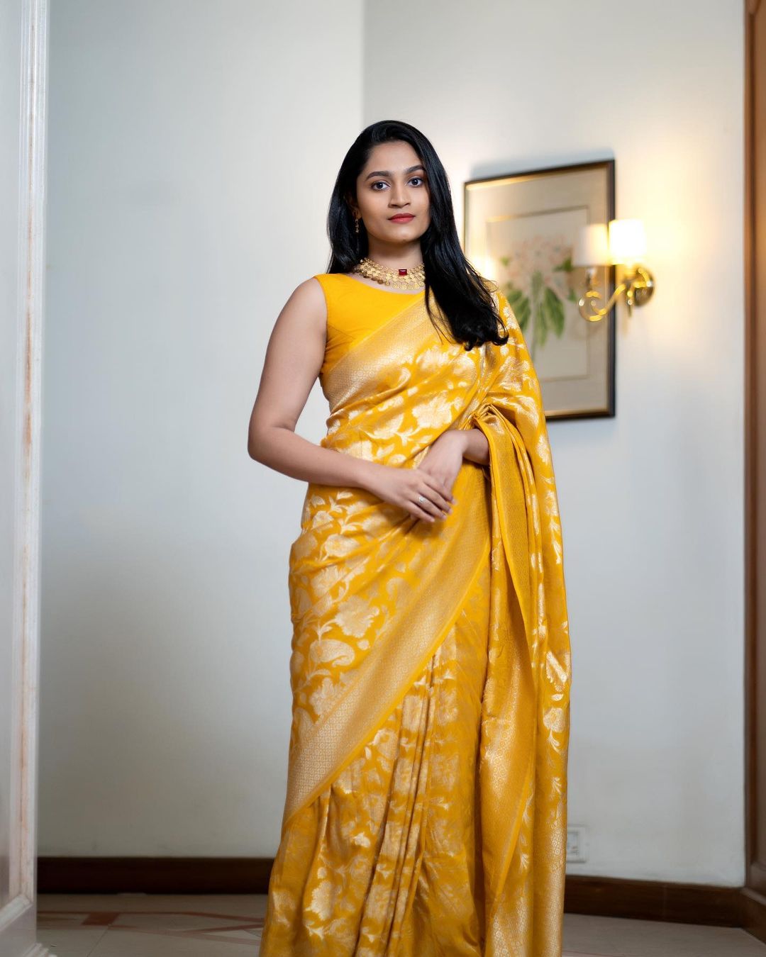 Sunshine Yellow Silk Saree with Traditional Zari Motifs