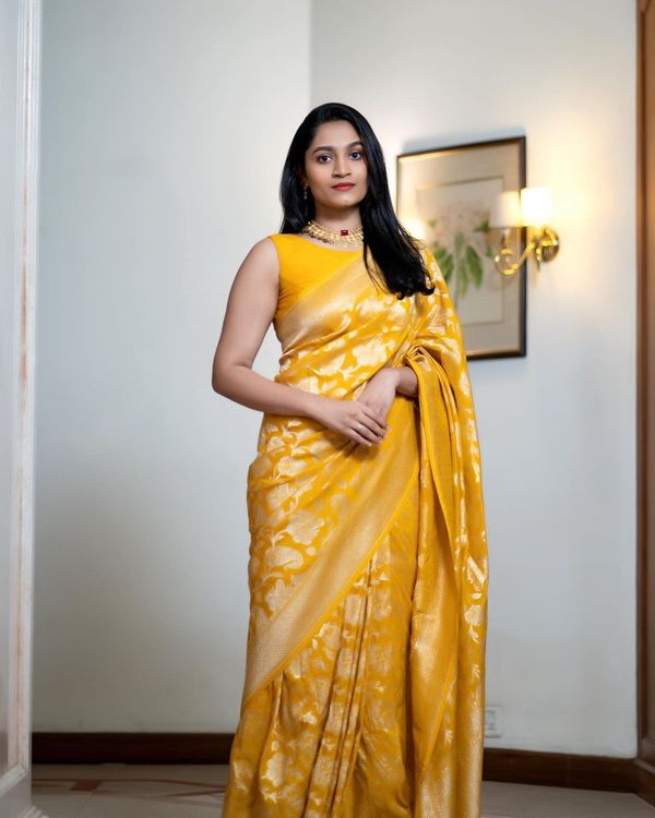 Sunshine Yellow Silk Saree with Traditional Zari Motifs