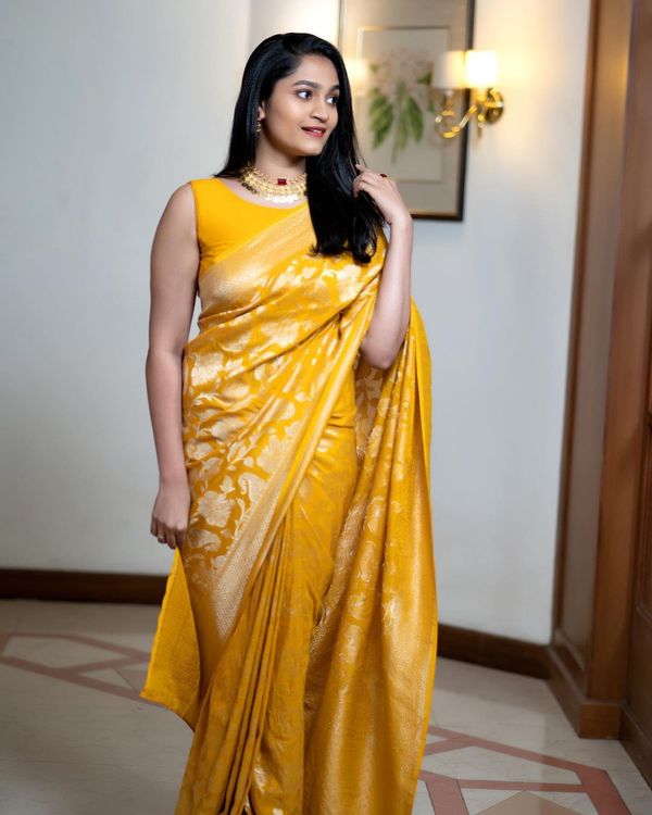 Sunshine Yellow Silk Saree with Traditional Zari Motifs