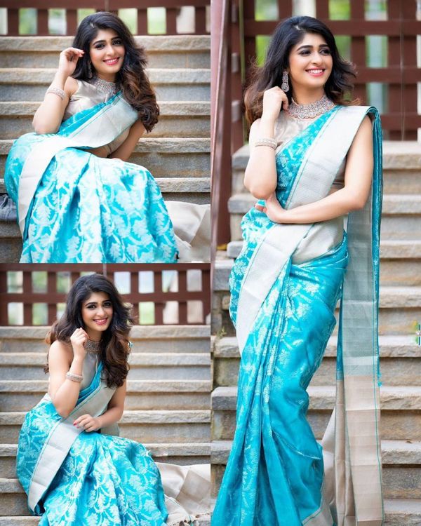 Teal Silk Saree with Silver Zari and Contrast Border