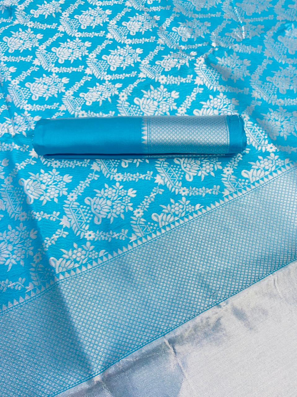 Teal Silk Saree with Silver Zari and Contrast Border