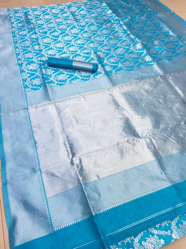 Teal Silk Saree with Silver Zari and Contrast Border