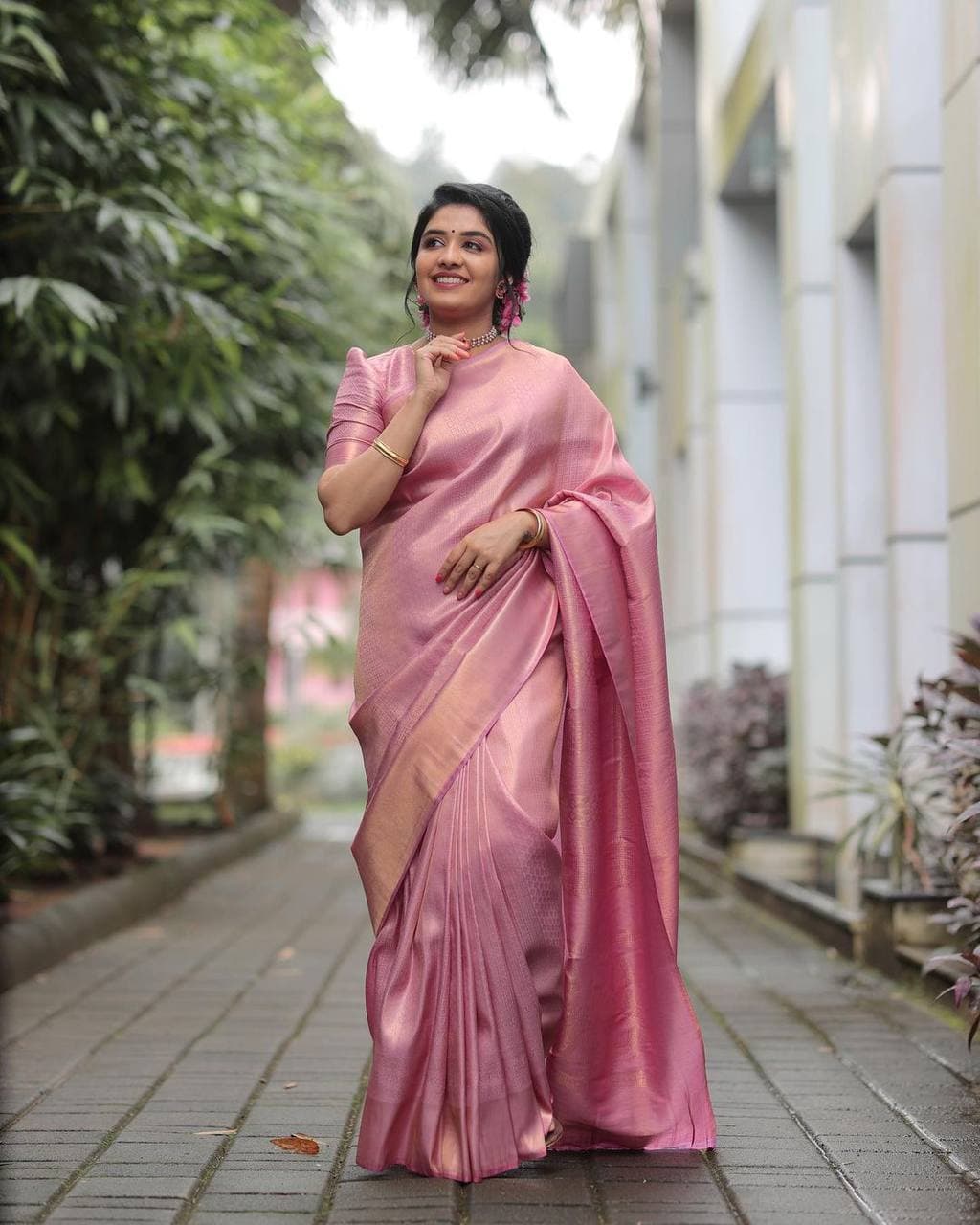 Elegant Rose Pink Banarasi Soft Silk Saree with Zari