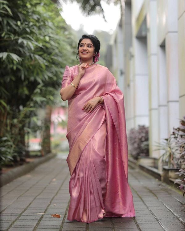 Elegant Rose Pink Banarasi Soft Silk Saree with Zari