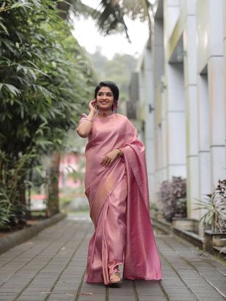 Elegant Rose Pink Banarasi Soft Silk Saree with Zari