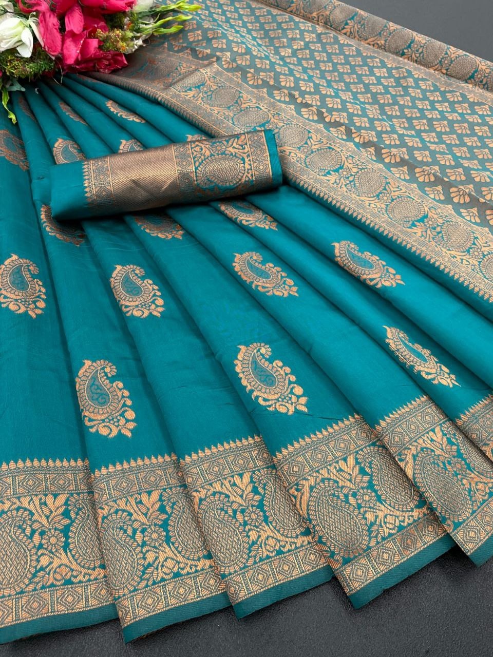 Festive Teal Banarasi Saree with Traditional Motifs