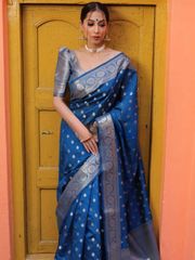 Classic Royal Blue Saree with Rich Zari Weaving - Blue