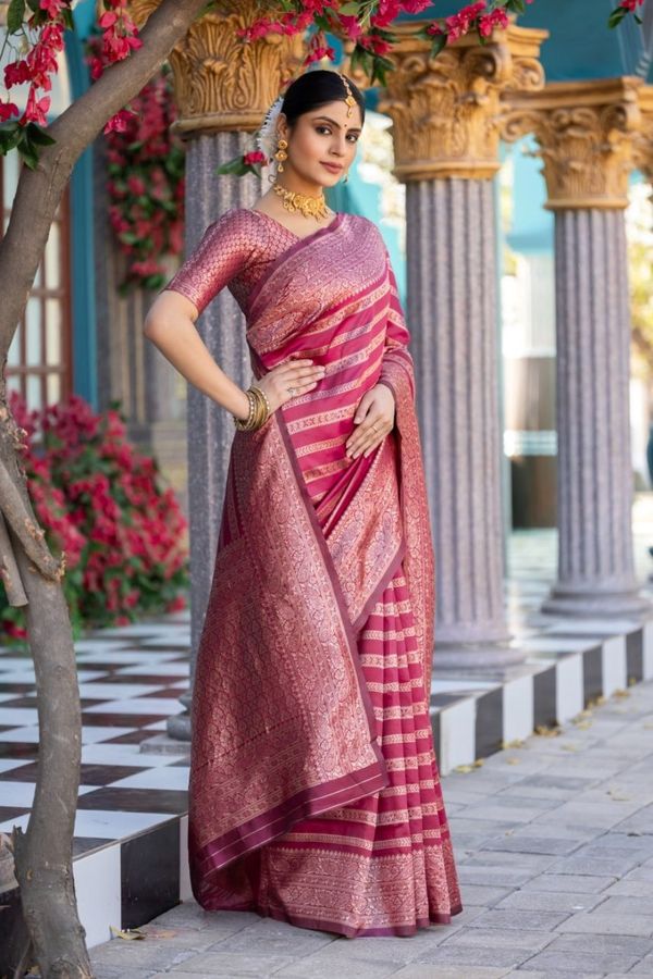 Pink Banarasi Soft Silk Saree with Rich Zari Work