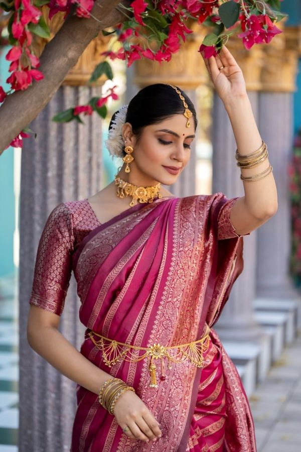 Pink Banarasi Soft Silk Saree with Rich Zari Work