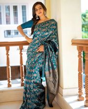 Elegant Teal Silk Saree with Floral Zari Design - Teal