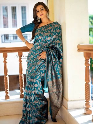 Elegant Teal Silk Saree with Floral Zari Design