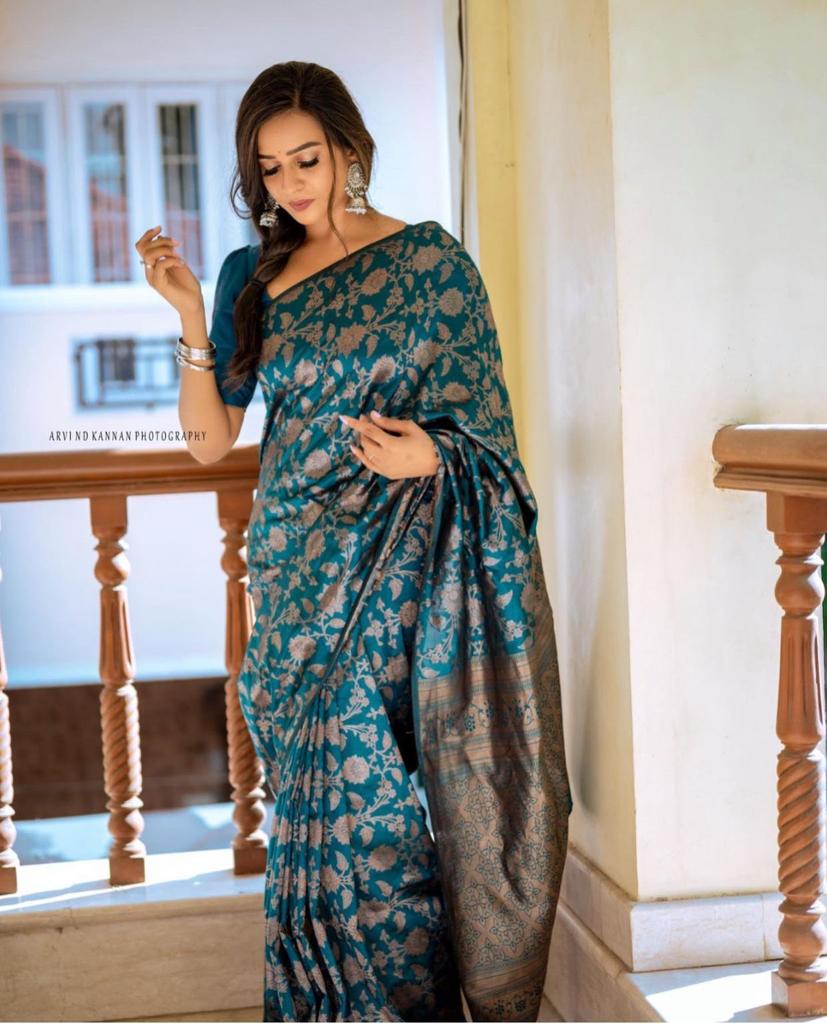 Elegant Teal Silk Saree with Floral Zari Design