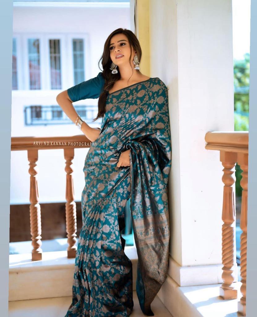 Elegant Teal Silk Saree with Floral Zari Design