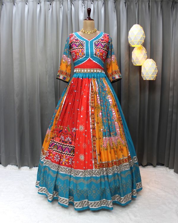 Vibrant Mirror Work Muslin Lehenga Choli Set Online