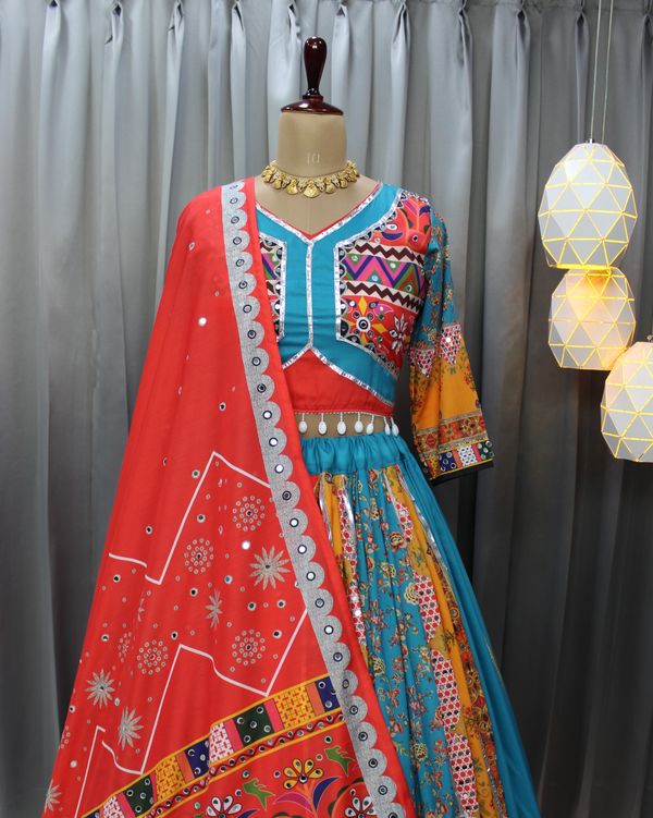 Vibrant Mirror Work Muslin Lehenga Choli Set Online