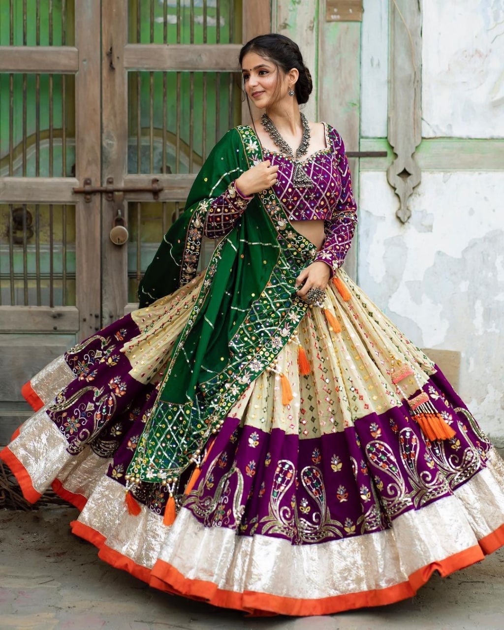 Royal Purple Mirror Work Muslin Lehenga Choli Set